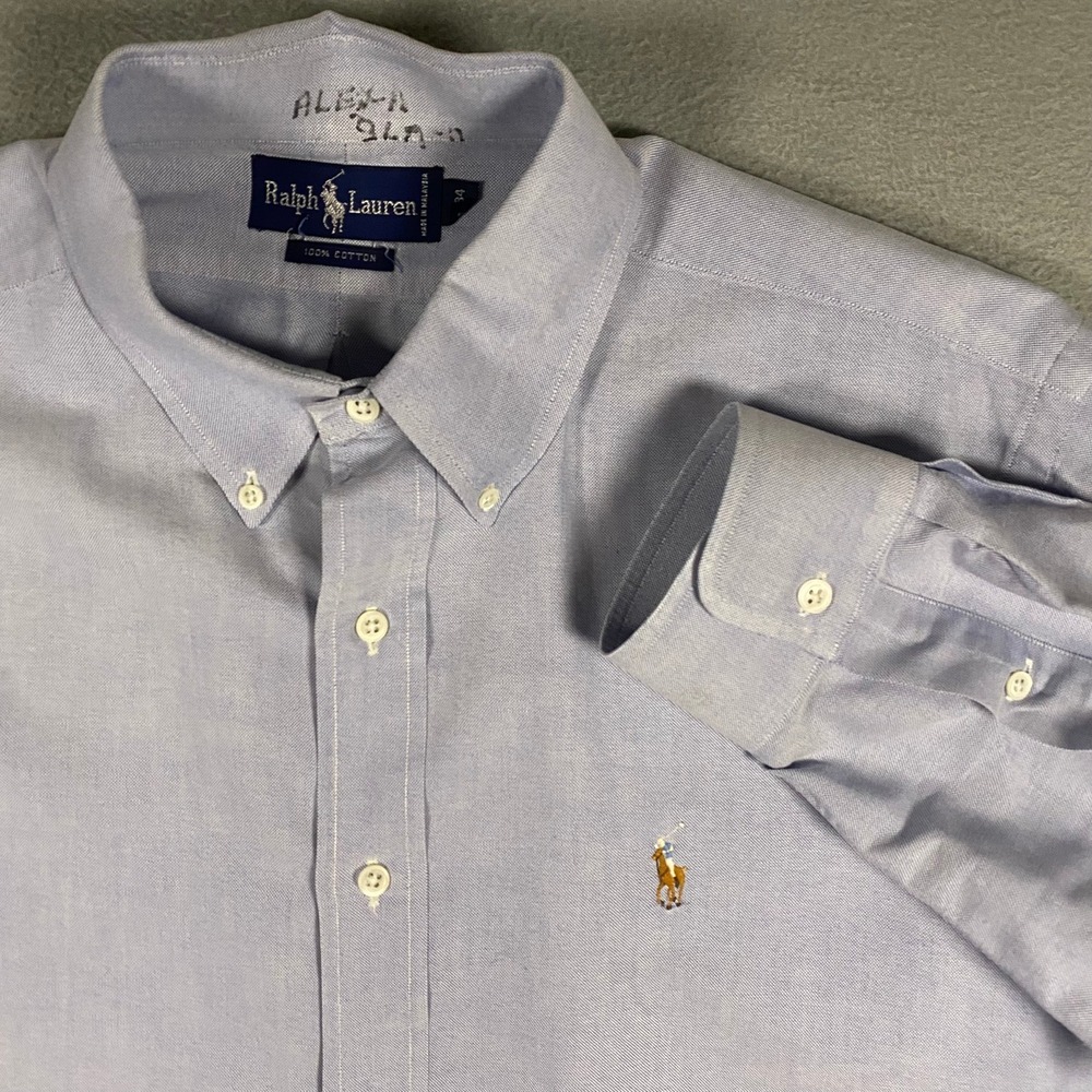 Ralph Lauren Mens Blue Oxford Button Down Shirt 17-34 Cotton Flesh Pony Logo
